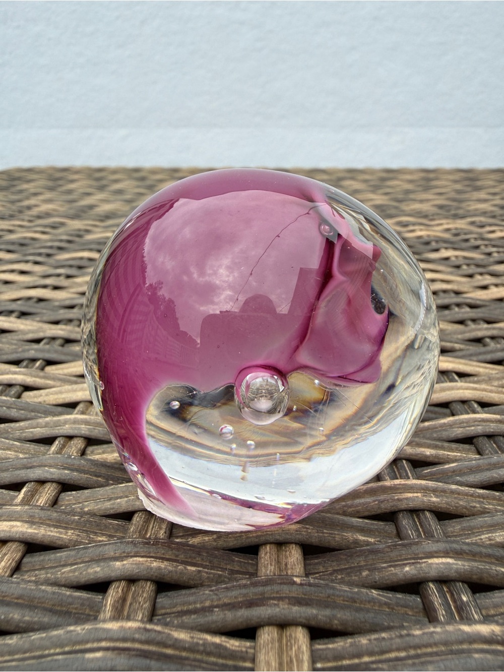 Vintage Pink Purple Art Glass Paperweight Abstract Swirl Bubbles 2.5"